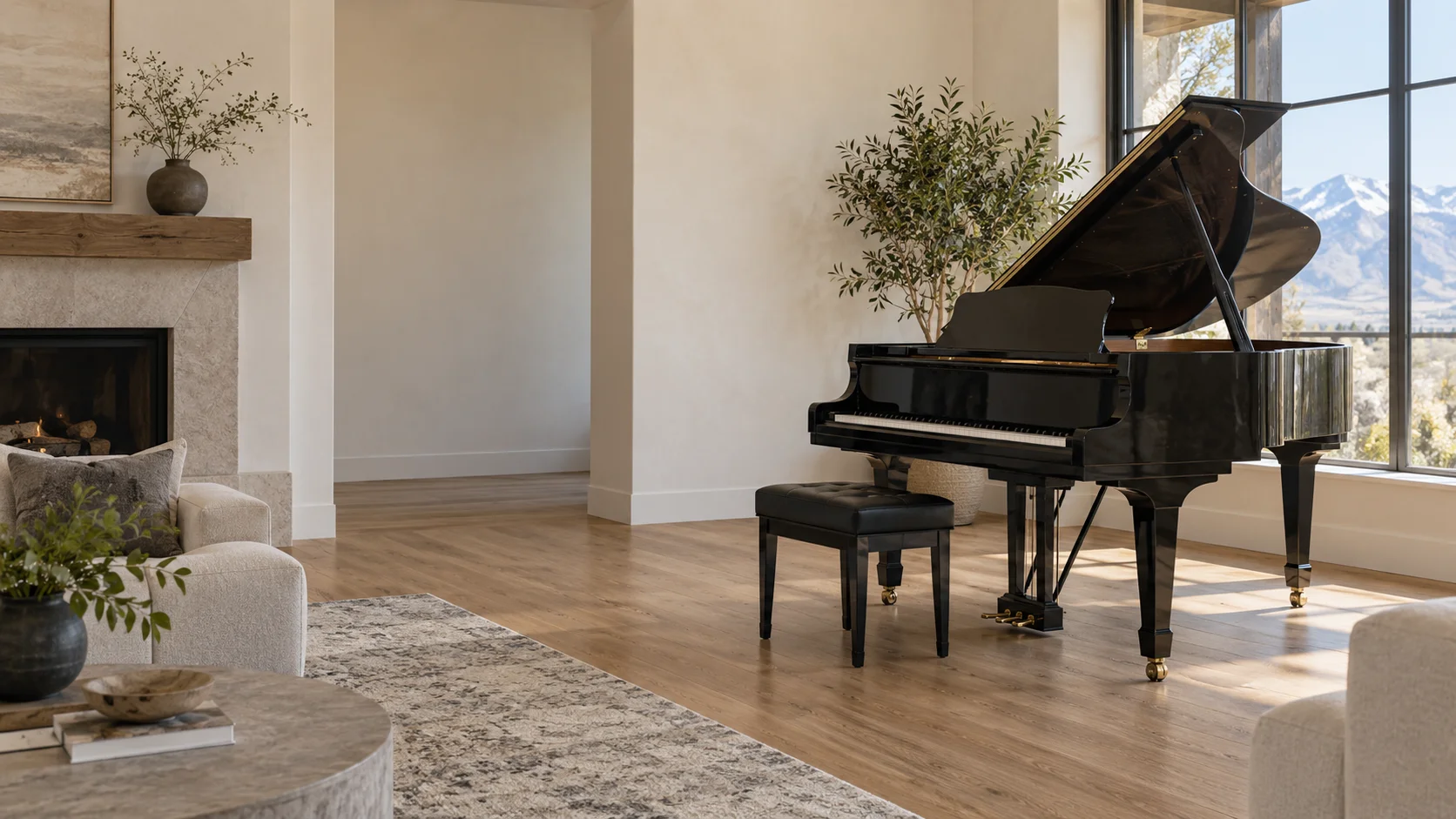 A grand piano and bench in a contemporary living room