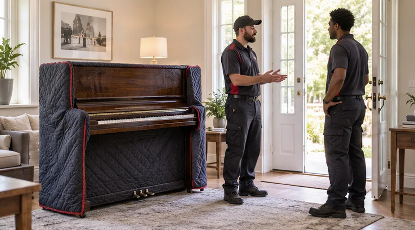 Workers considering access beside a stationary upright piano