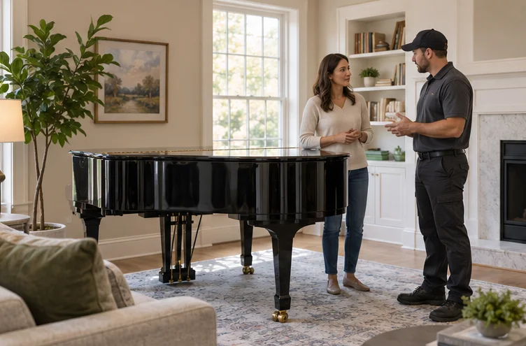 A piano owner discussing a move beside a stationary grand