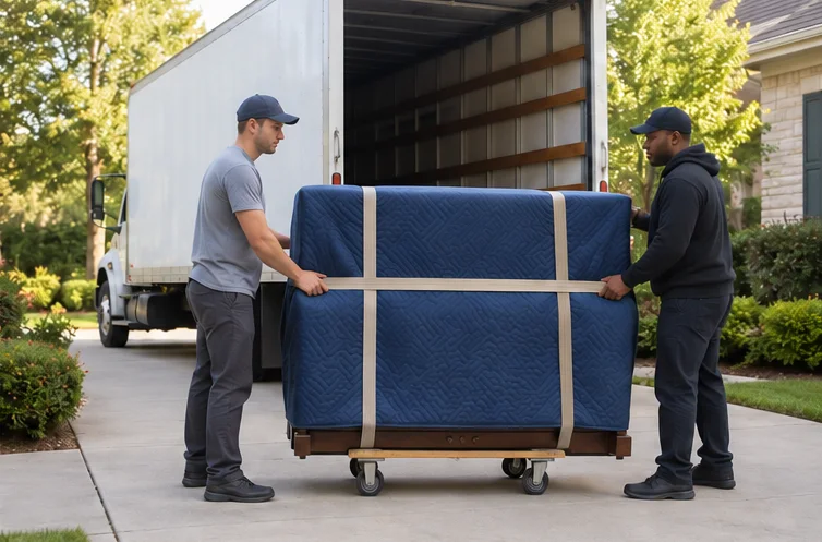 A protected upright piano beside a moving truck