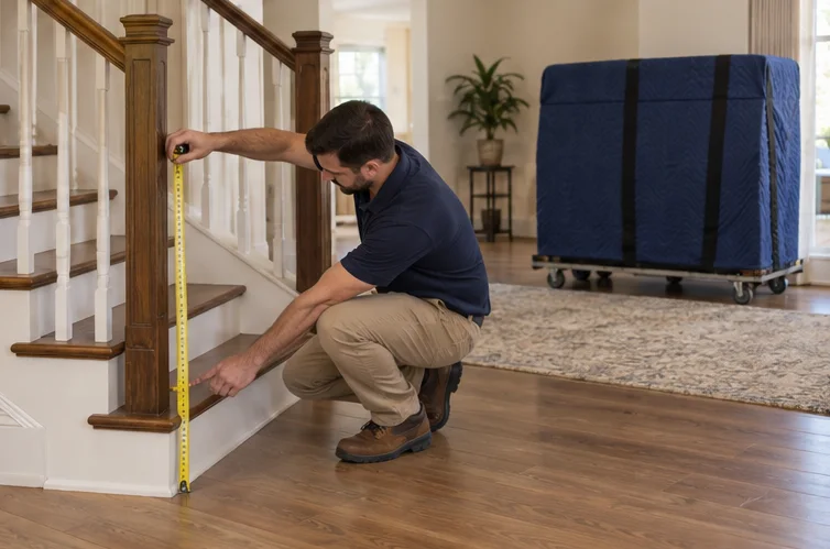 A worker reviewing stairs while a piano stays on level ground