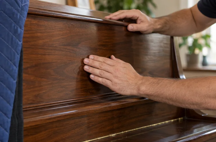 Hands examining a piano exterior beside protective padding