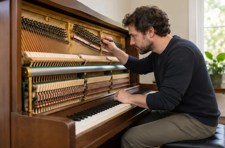A technician examining an acoustic upright piano