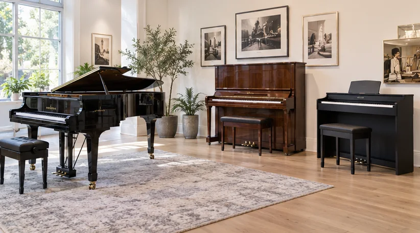 Grand, vertical and digital instruments in a music room
