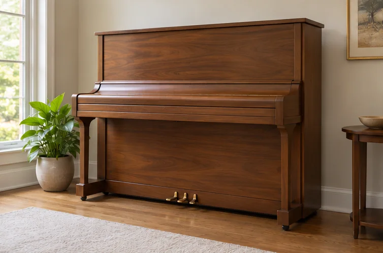 A closed walnut upright in natural window light