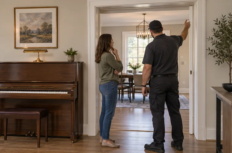 A piano owner and worker discussing instrument access