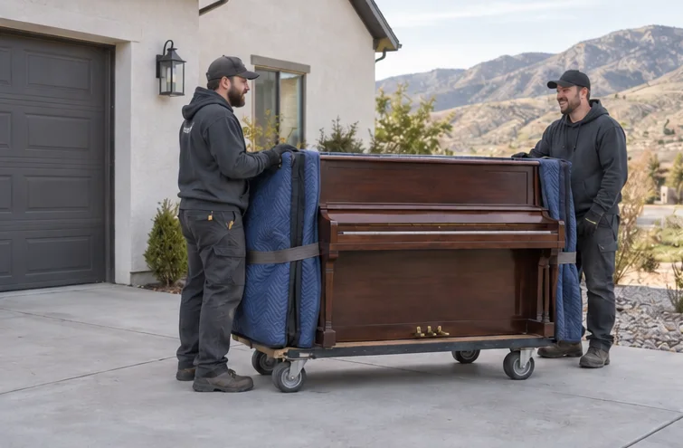 Workers with an upright piano in a suburban driveway