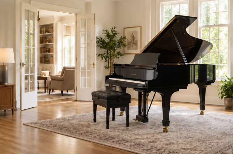 An acoustic grand in a bright music room