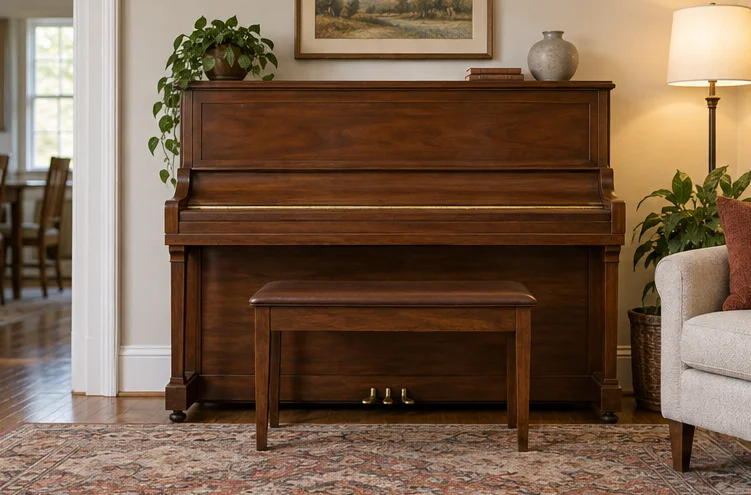 A stationary upright piano and bench in a home