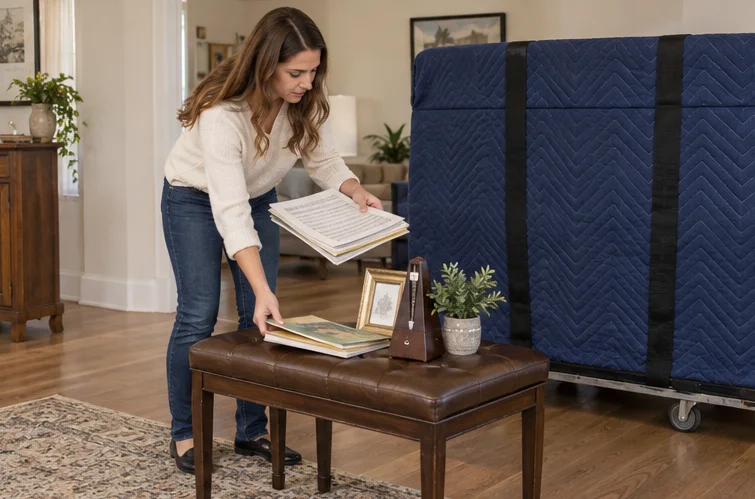 A homeowner clearing loose belongings from a piano bench