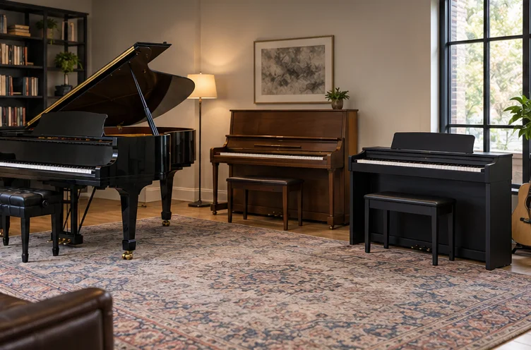 Acoustic grand, upright and digital piano silhouettes