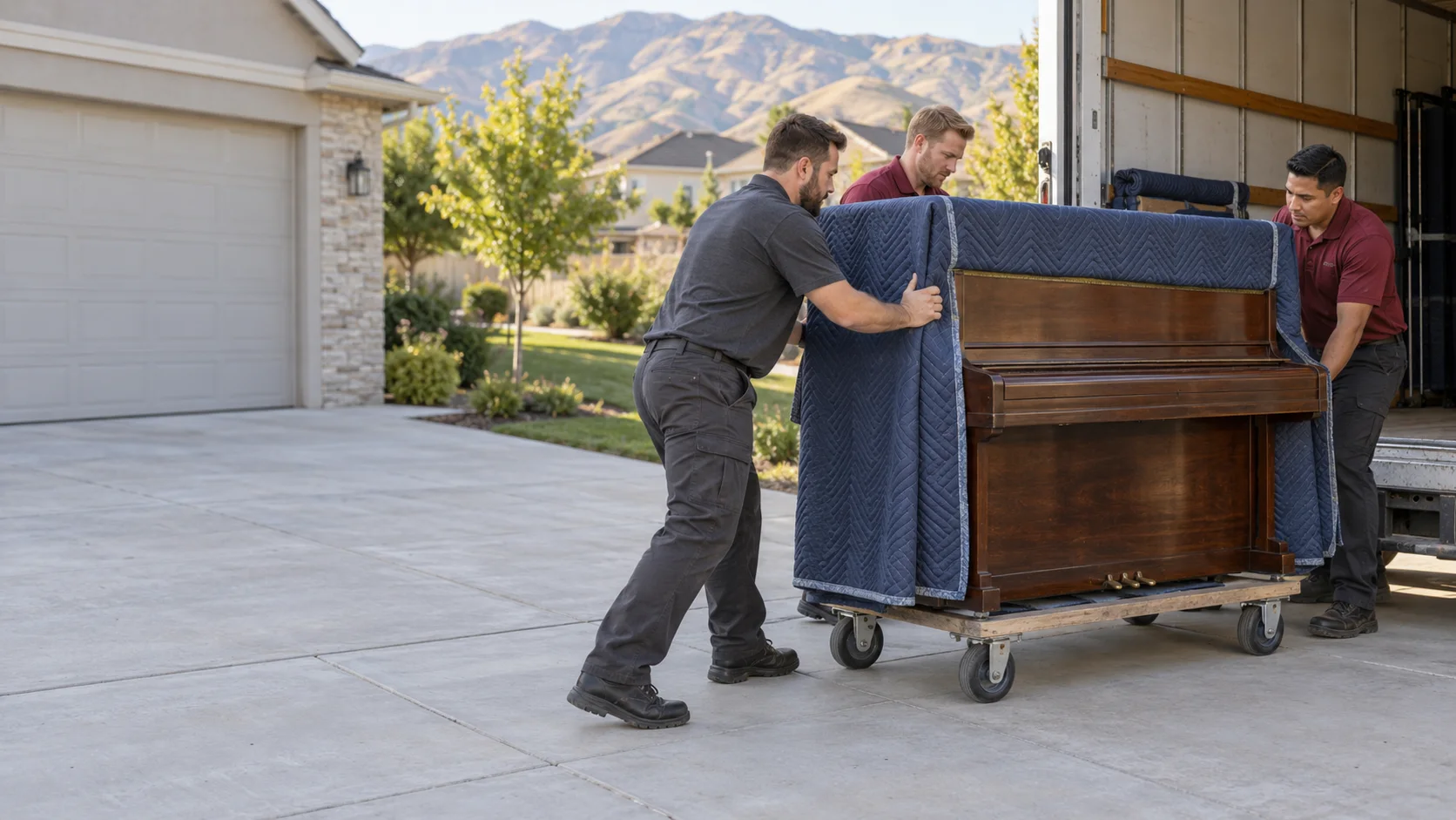 Illustration of a crew with a protected upright piano on a level driveway