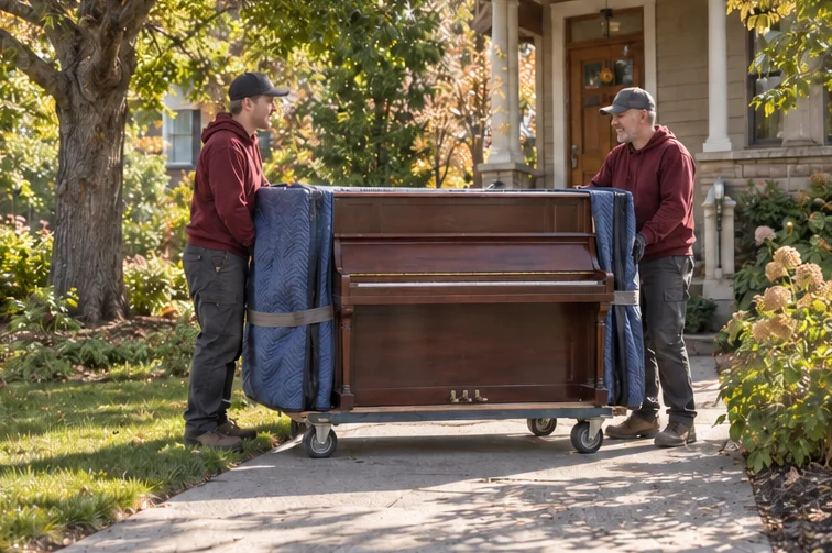 Workers beside an upright piano in a tree-lined setting