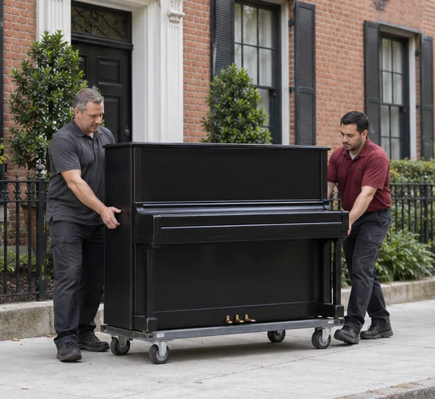 A protected upright piano on a moving dolly
