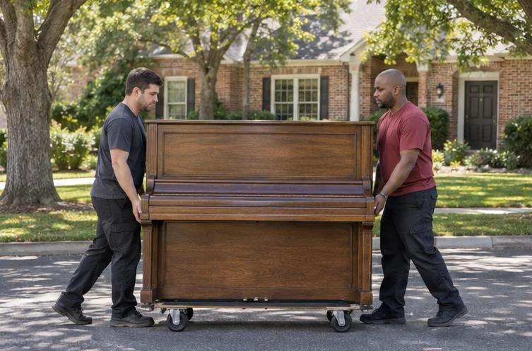 A protected upright piano on a moving dolly