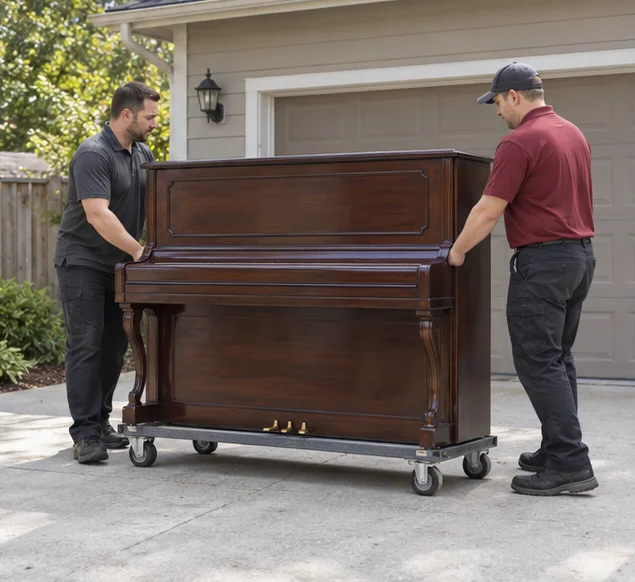 A protected upright piano on a moving dolly