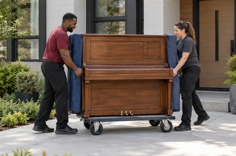 A protected upright piano on a moving dolly