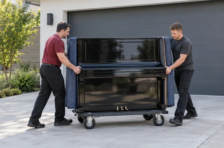 A protected upright piano on a moving dolly