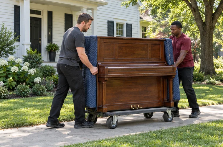 A protected upright piano on a moving dolly