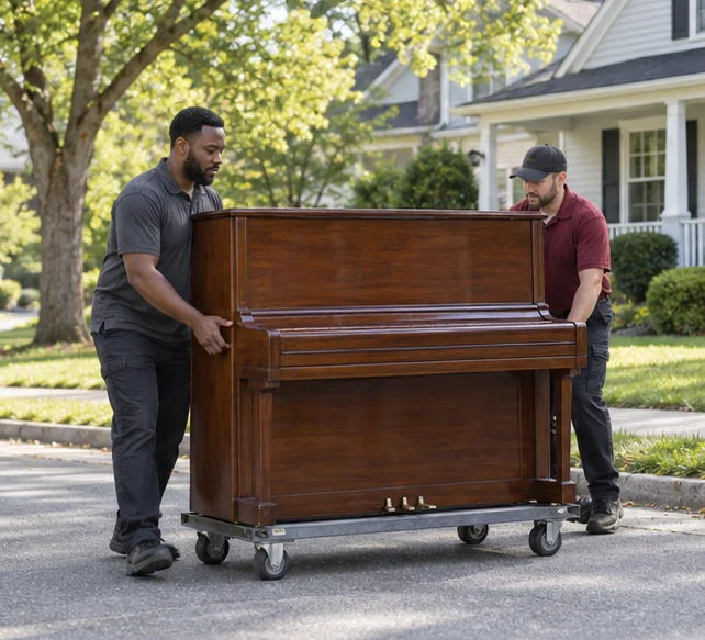 A protected upright piano on a moving dolly