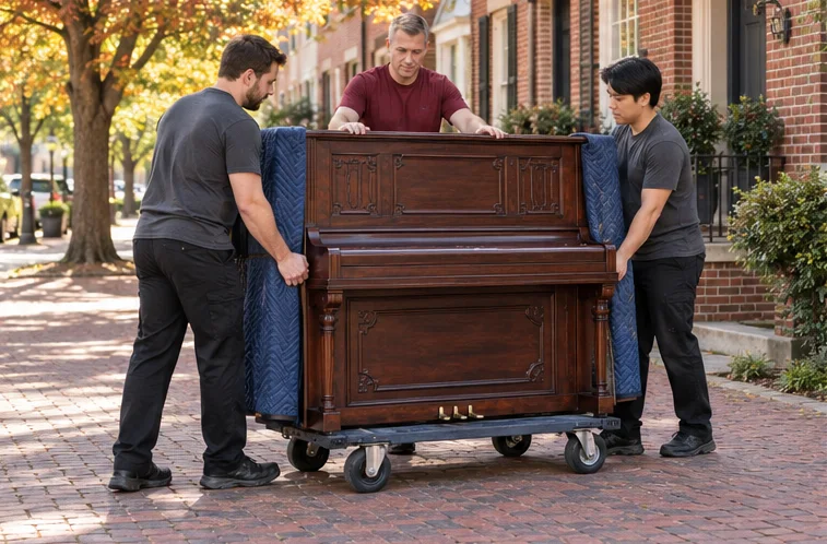 A protected upright piano on a moving dolly
