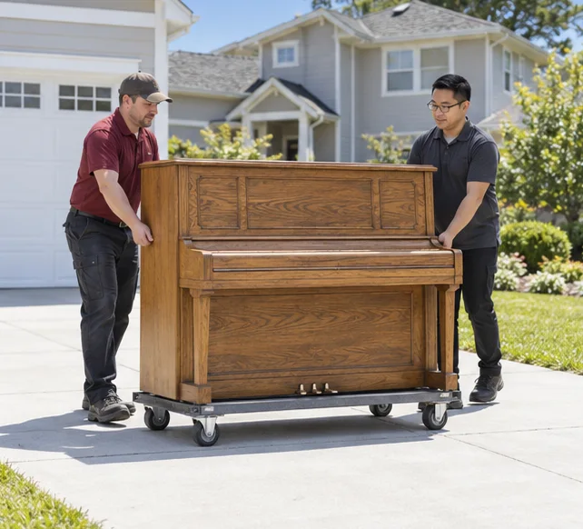 A protected upright piano on a moving dolly
