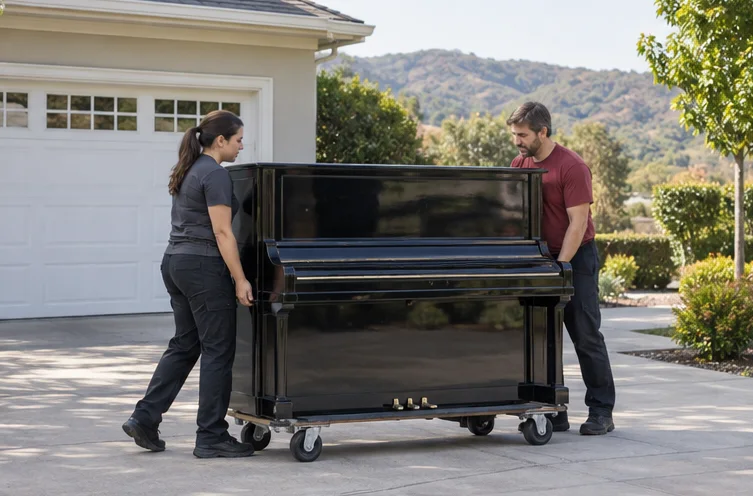 A protected upright piano on a moving dolly