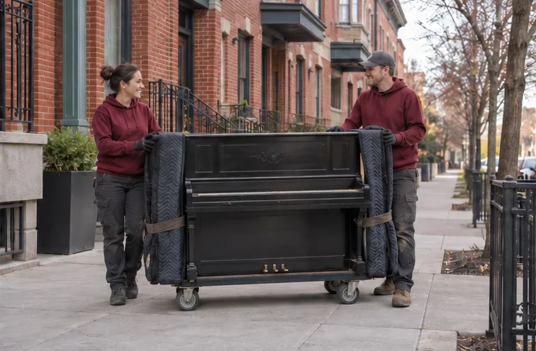An upright piano on a dolly in a brick residential setting