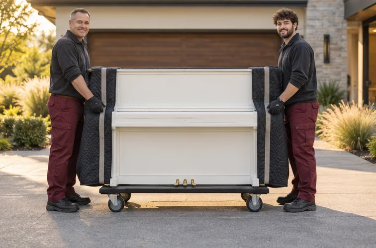 A protected upright piano on a moving dolly