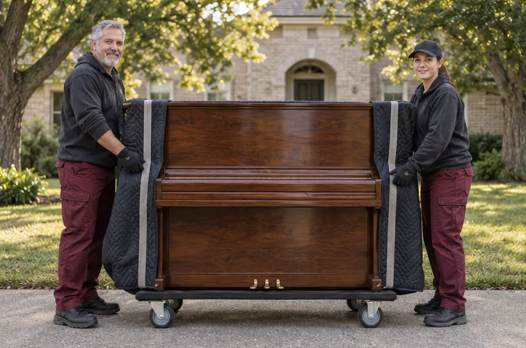A protected upright piano on a moving dolly