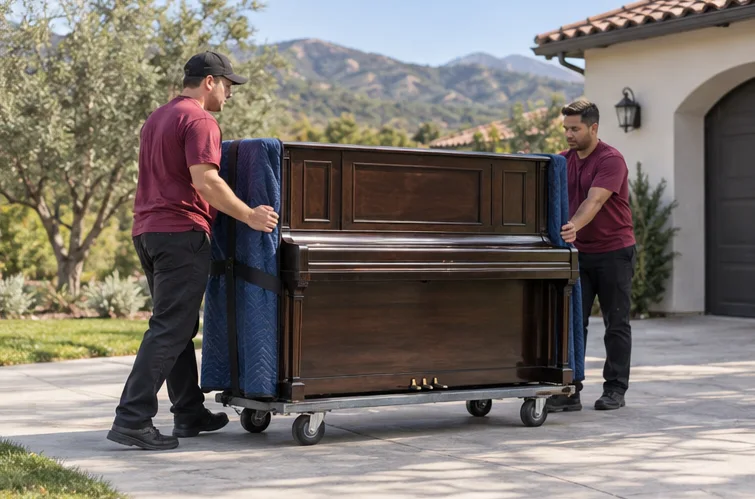 A protected upright piano on a moving dolly