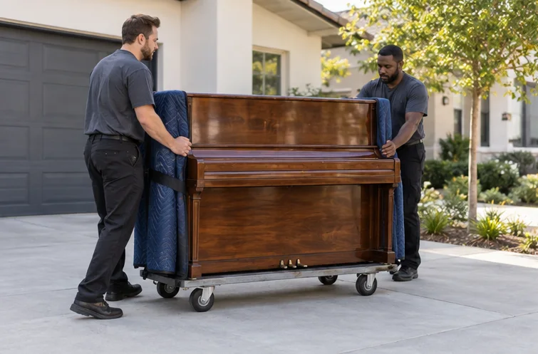 A protected upright piano on a moving dolly