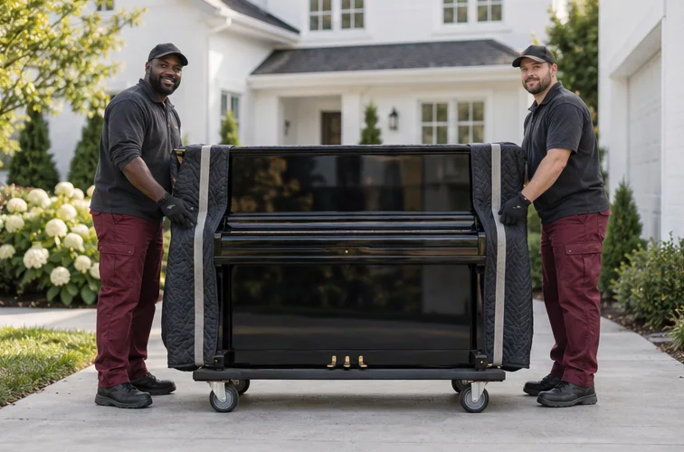 A protected upright piano on a moving dolly
