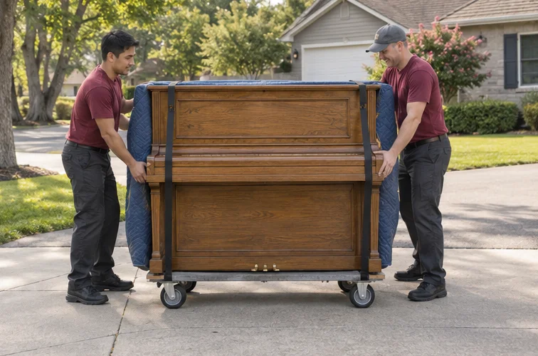 A protected upright piano on a moving dolly