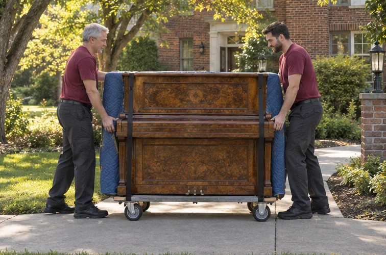 A protected upright piano on a moving dolly