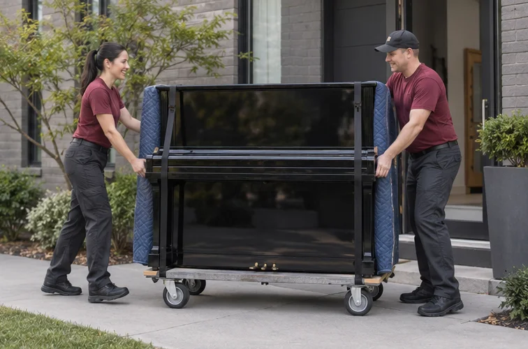 A protected upright piano on a moving dolly