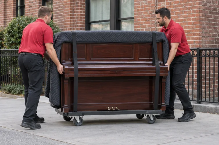 A protected upright piano on a moving dolly