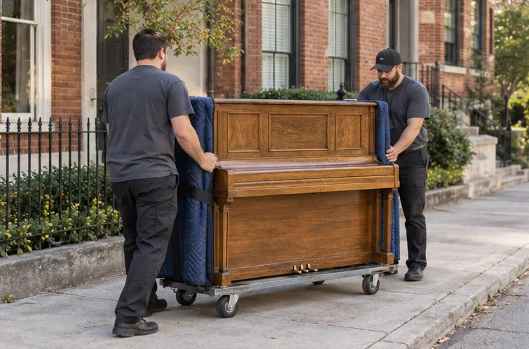A protected upright piano on a moving dolly