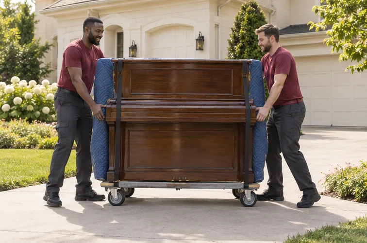 A protected upright piano on a moving dolly