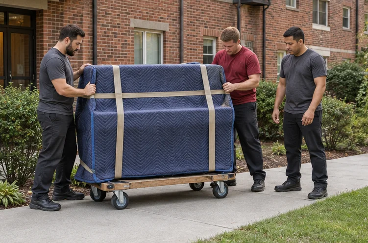 A protected upright piano on a moving dolly