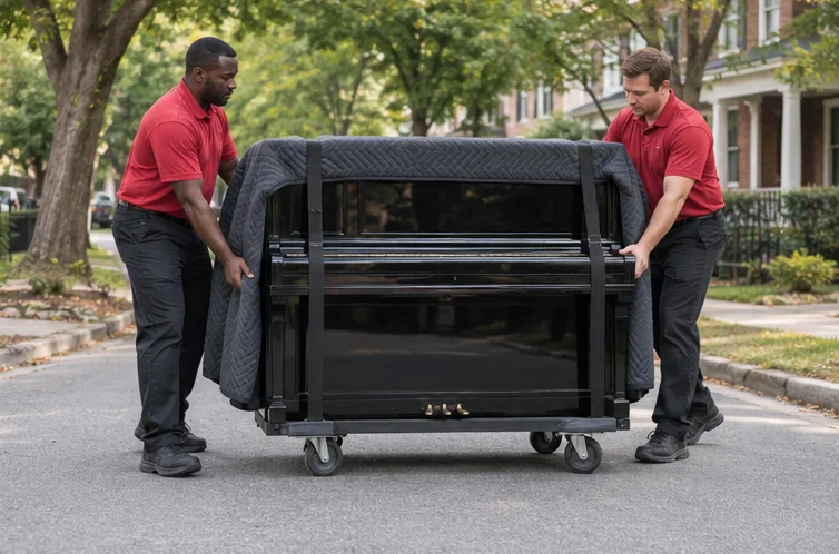 A protected upright piano on a moving dolly