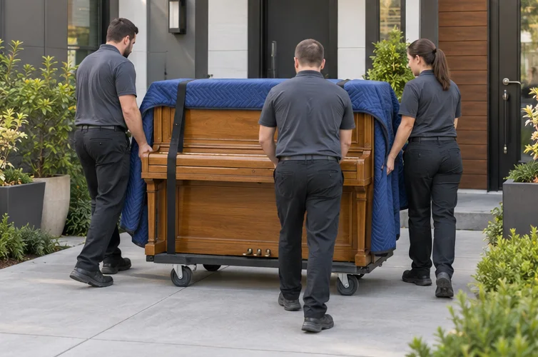 A protected upright piano on a moving dolly