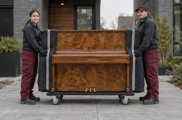 A protected upright piano on a moving dolly