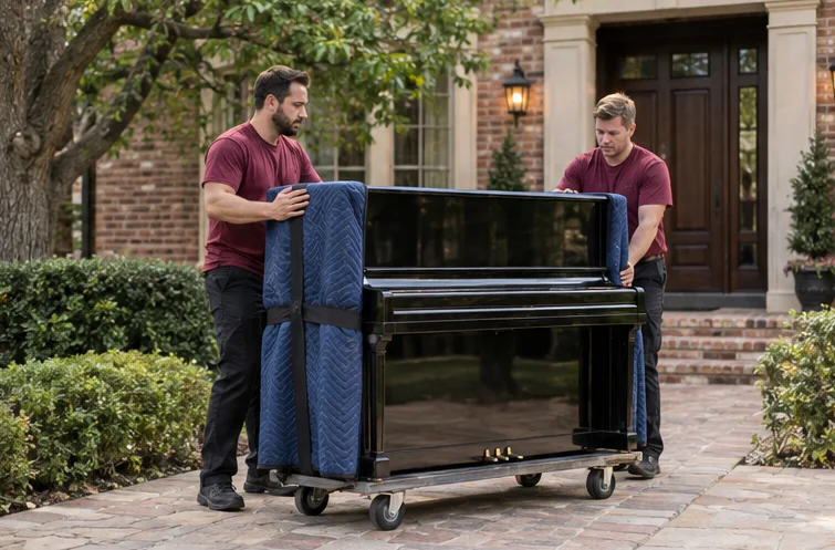 A protected upright piano on a moving dolly