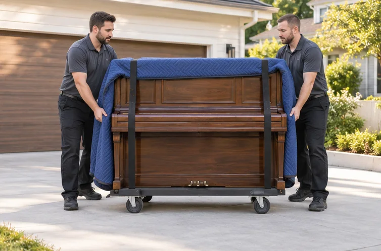 A protected upright piano on a moving dolly
