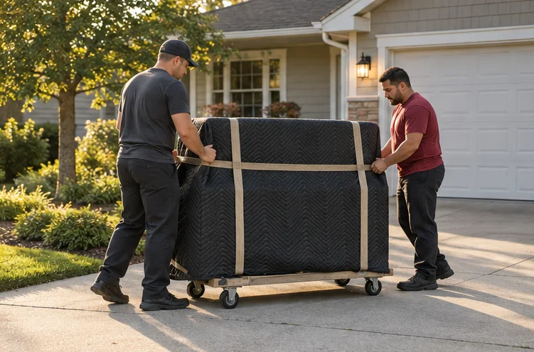 A protected upright piano on a moving dolly