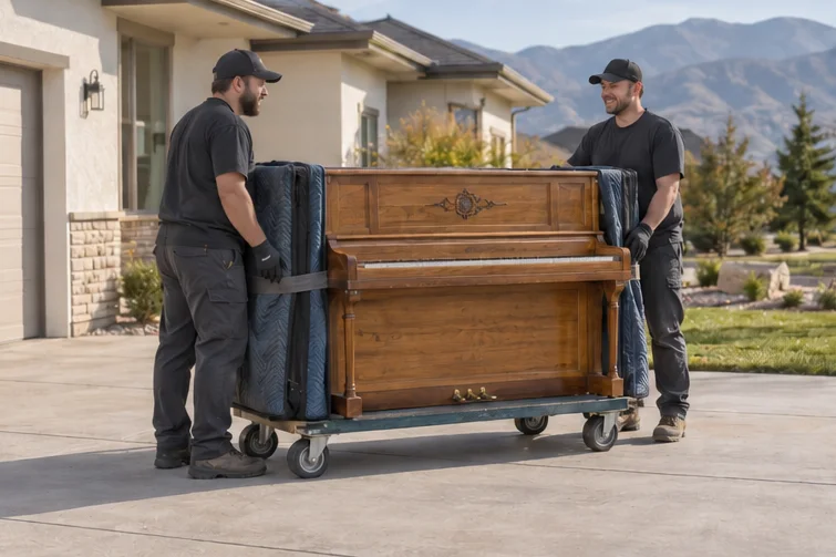 Workers with a protected piano in a suburban setting