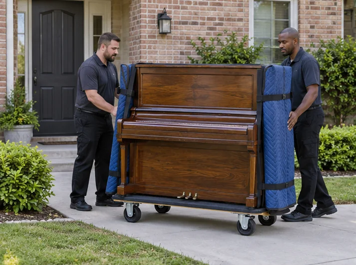 A protected upright piano on a moving dolly
