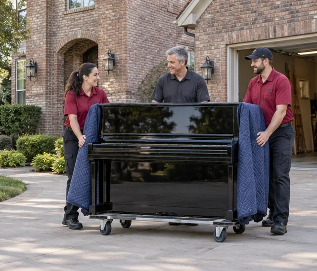 A protected upright piano on a moving dolly