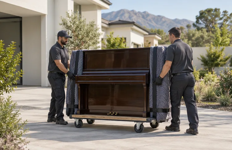 A protected upright piano on a moving dolly